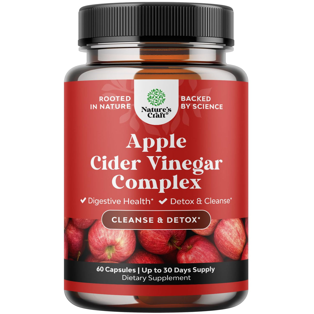 Natures Craft ACV capsules bottle showing full serving strength for daily detox.