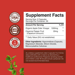 Natures Craft ACV capsules label front highlights cayenne for digestive support.