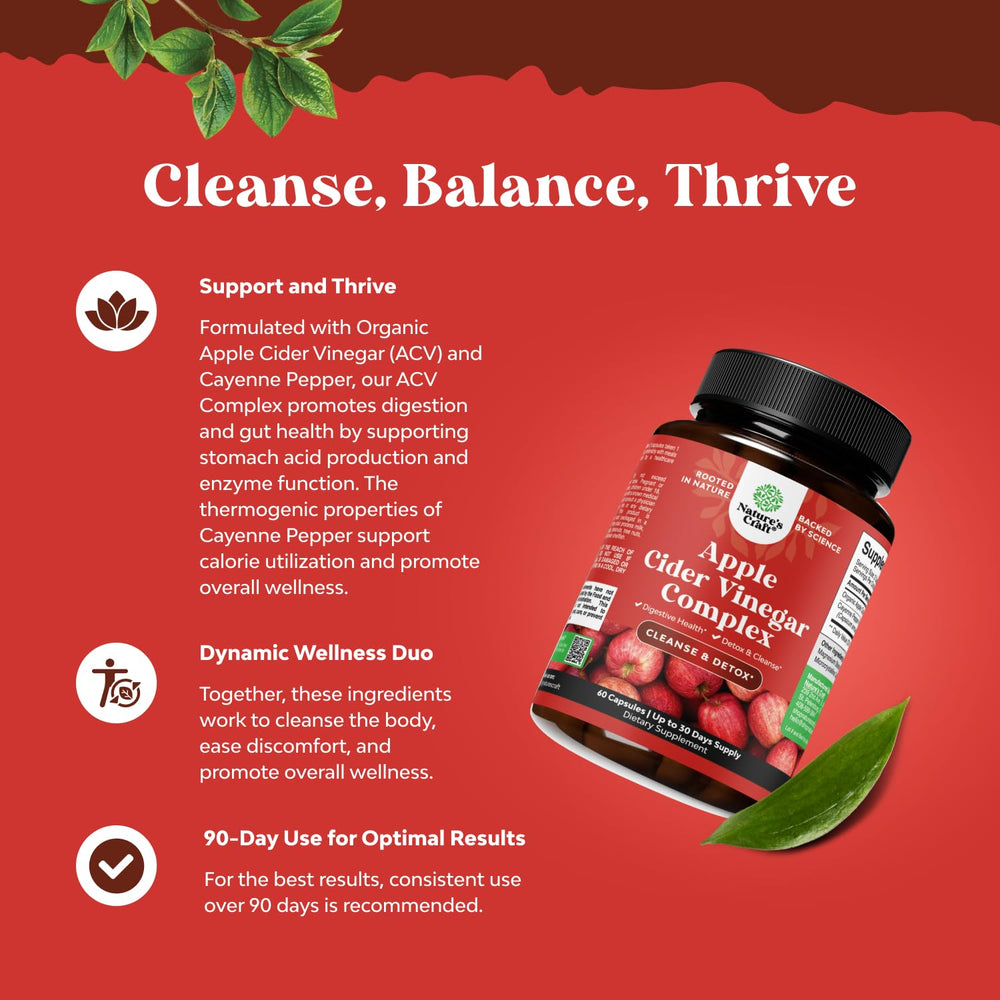 Natures Craft ACV capsules pour image suggests easy daily intake.