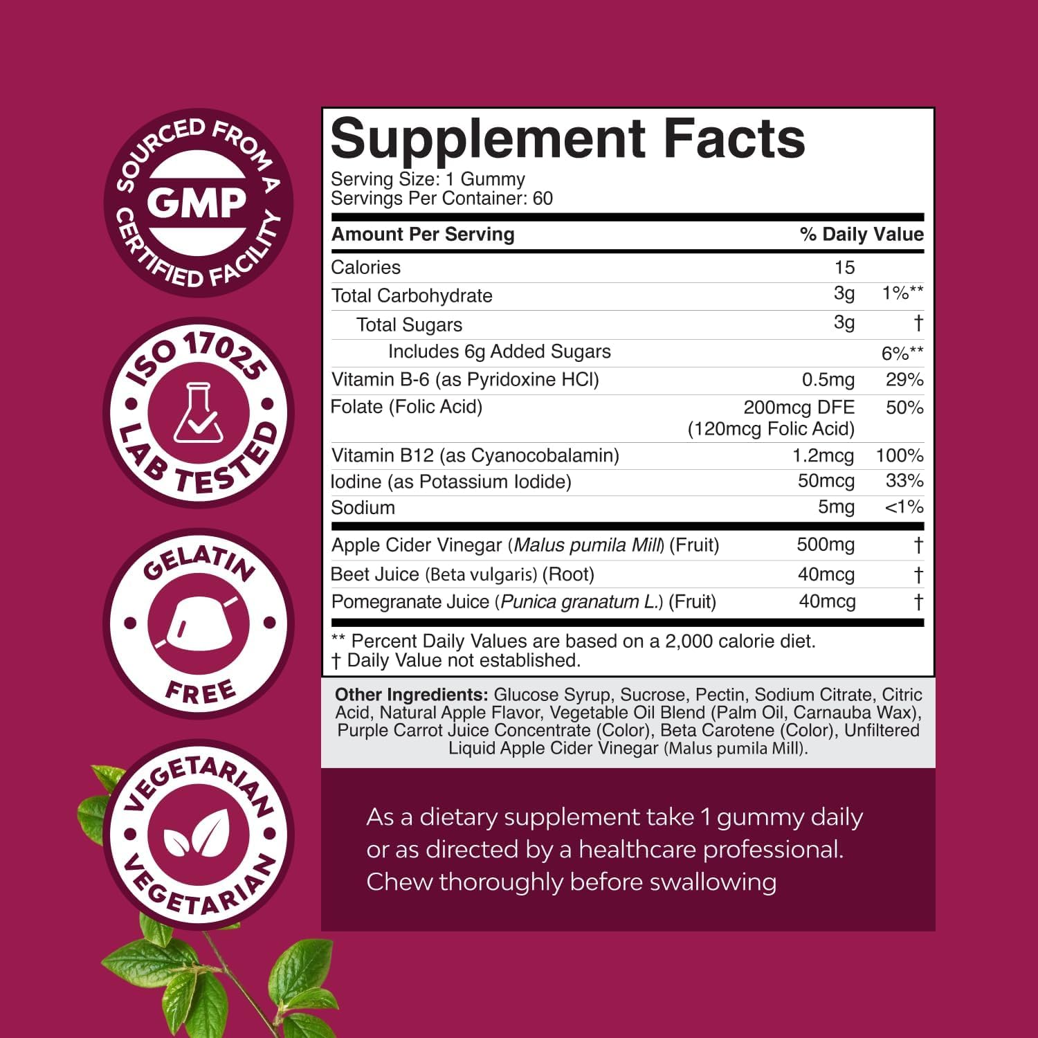 Natures Craft ACV Gummies with the Mother featuring beet root powder for natural color and vitality.
