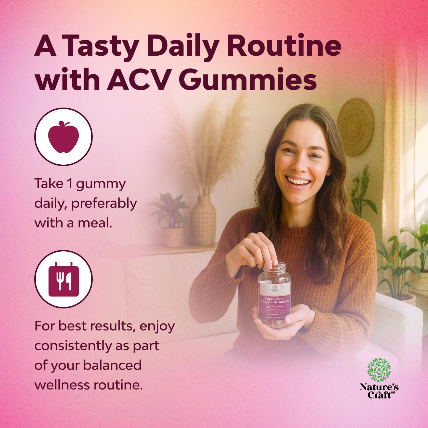 Natures Craft ACV Gummies texture close-up—chewy apple flavor with natural ingredients.