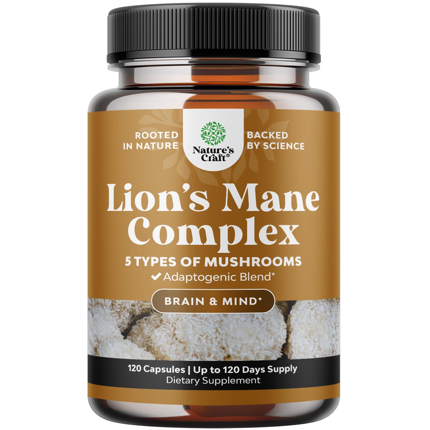 Natures Craft Lion's Mane bottle emphasizes focus support and daily brain health.