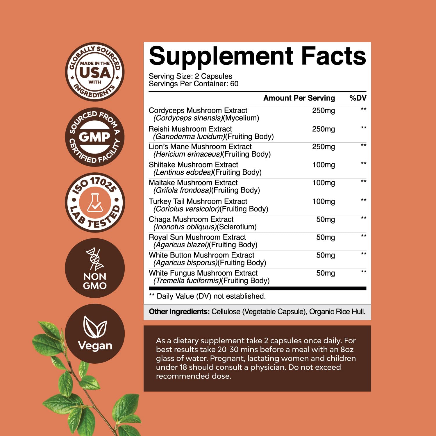 Nature's Craft Advanced Mushroom Complex bottle back detailing ingredients and suggested use