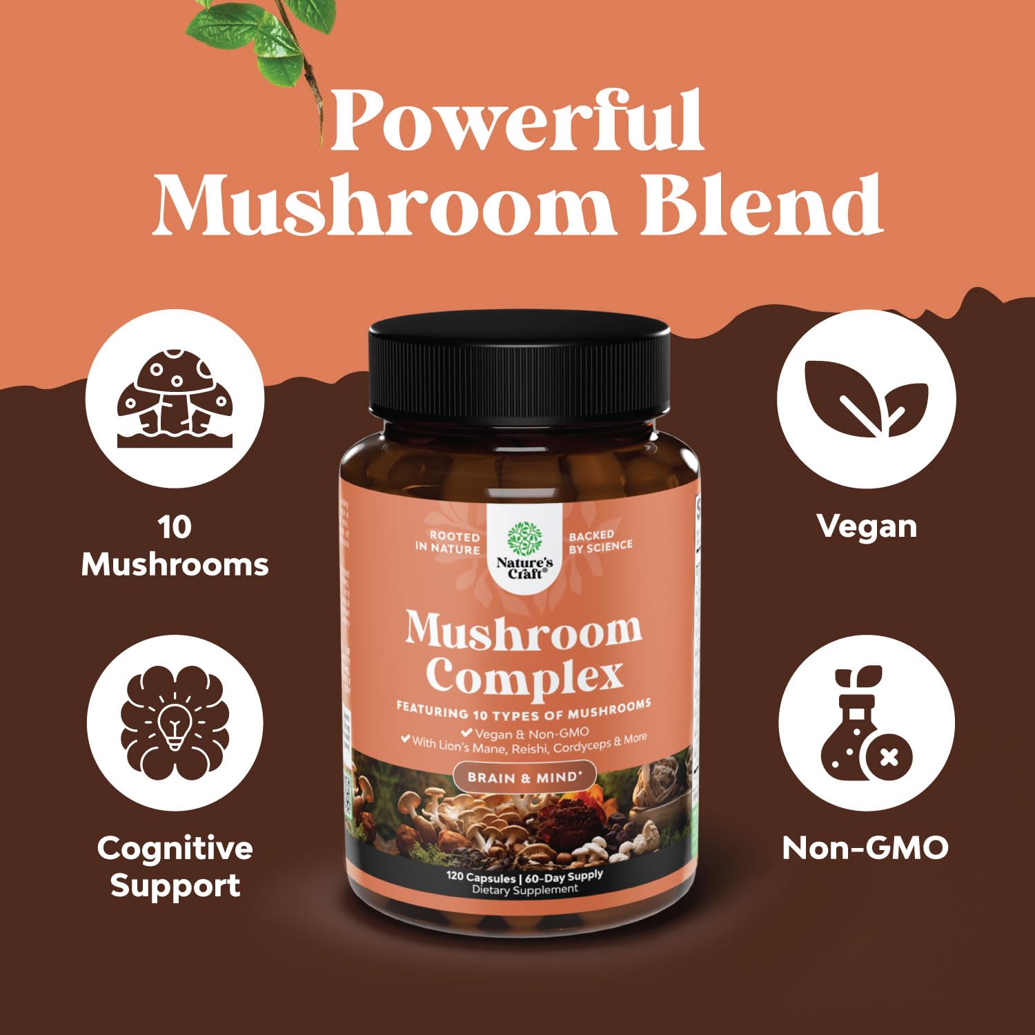 Nature's Craft Advanced Mushroom Complex capsules close-up for daily focus