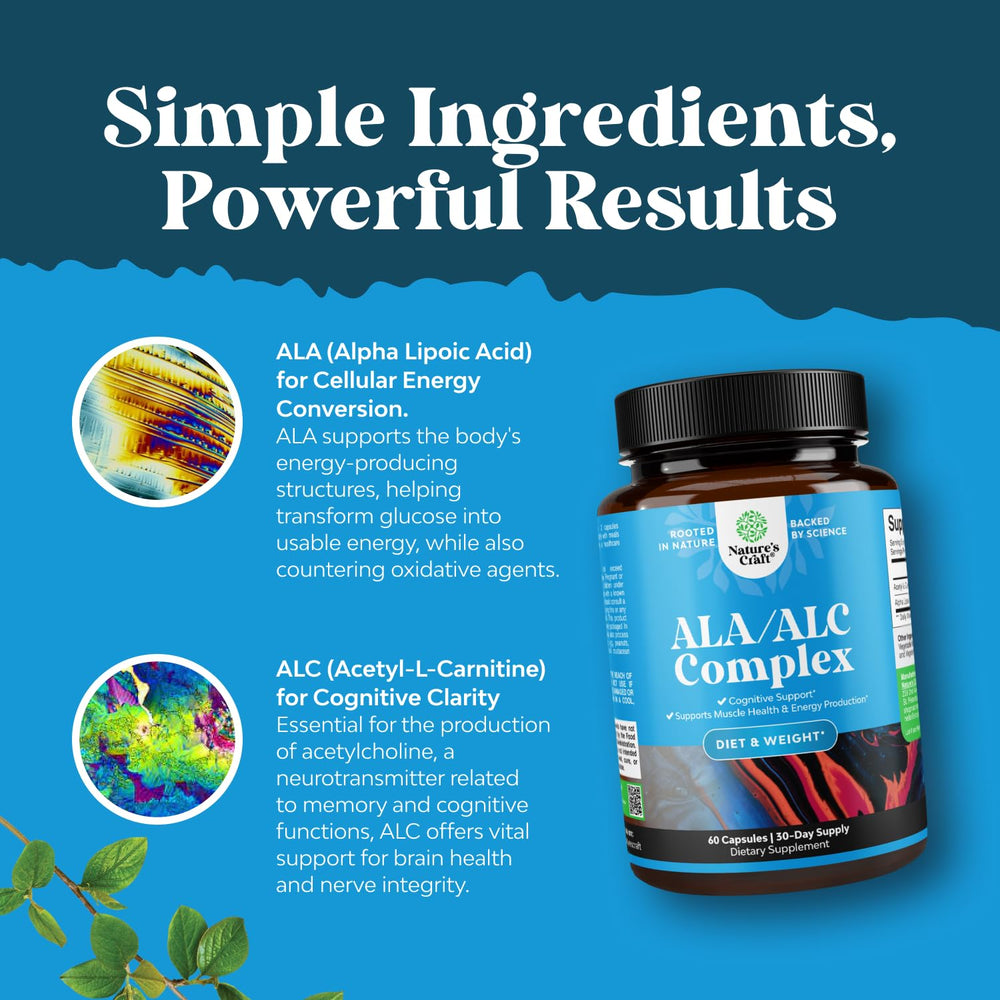 Nature's Craft ALA-ALC capsules with clear dosage information for daily use.