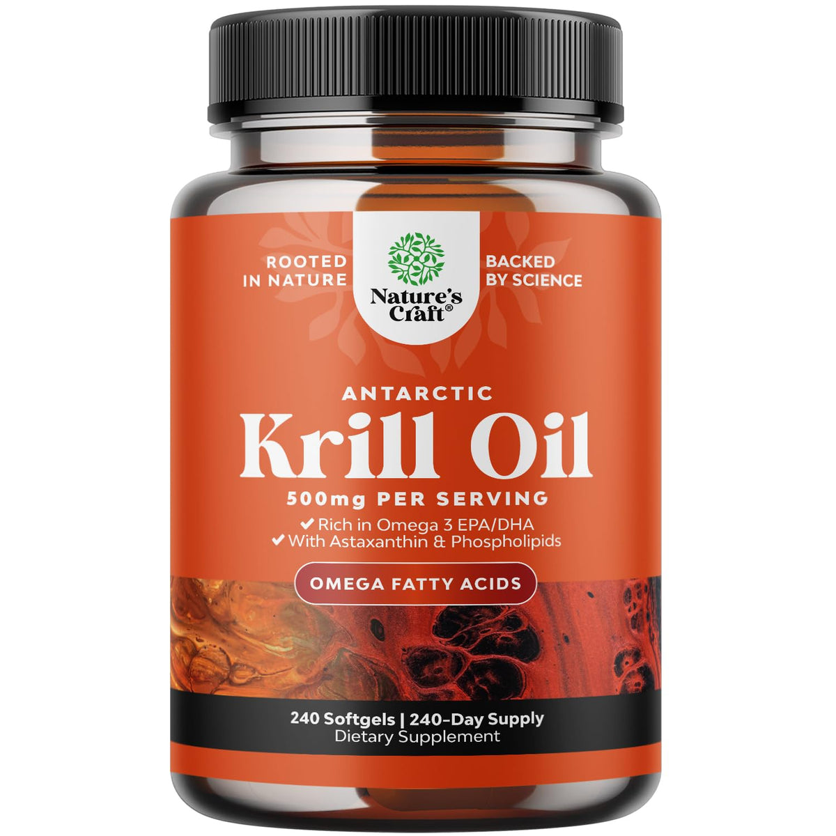 Natures Craft Antarctic Krill Oil bottle with 240 softgels for daily omega-3 support