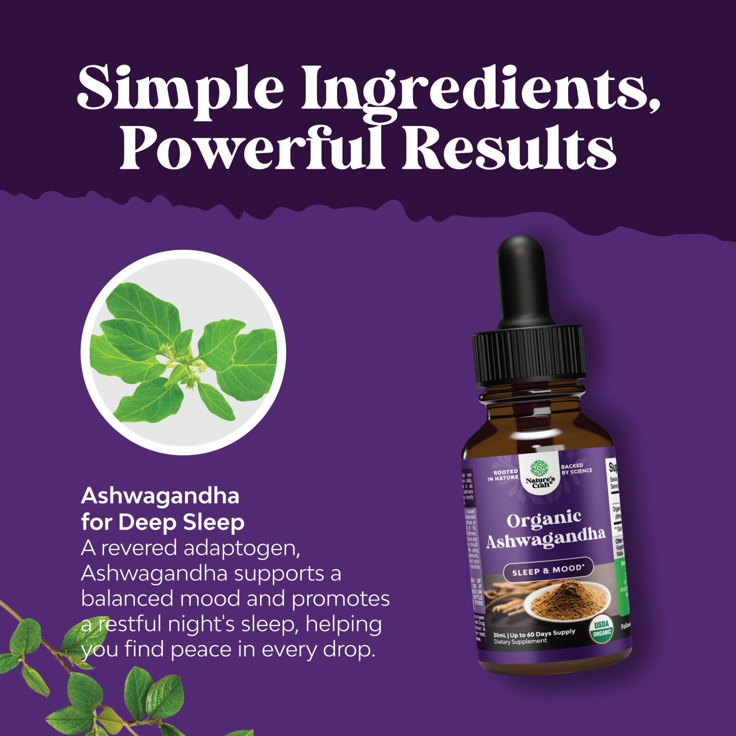 Natures Craft Ashwagandha Drops on table with glass for daily ritual.