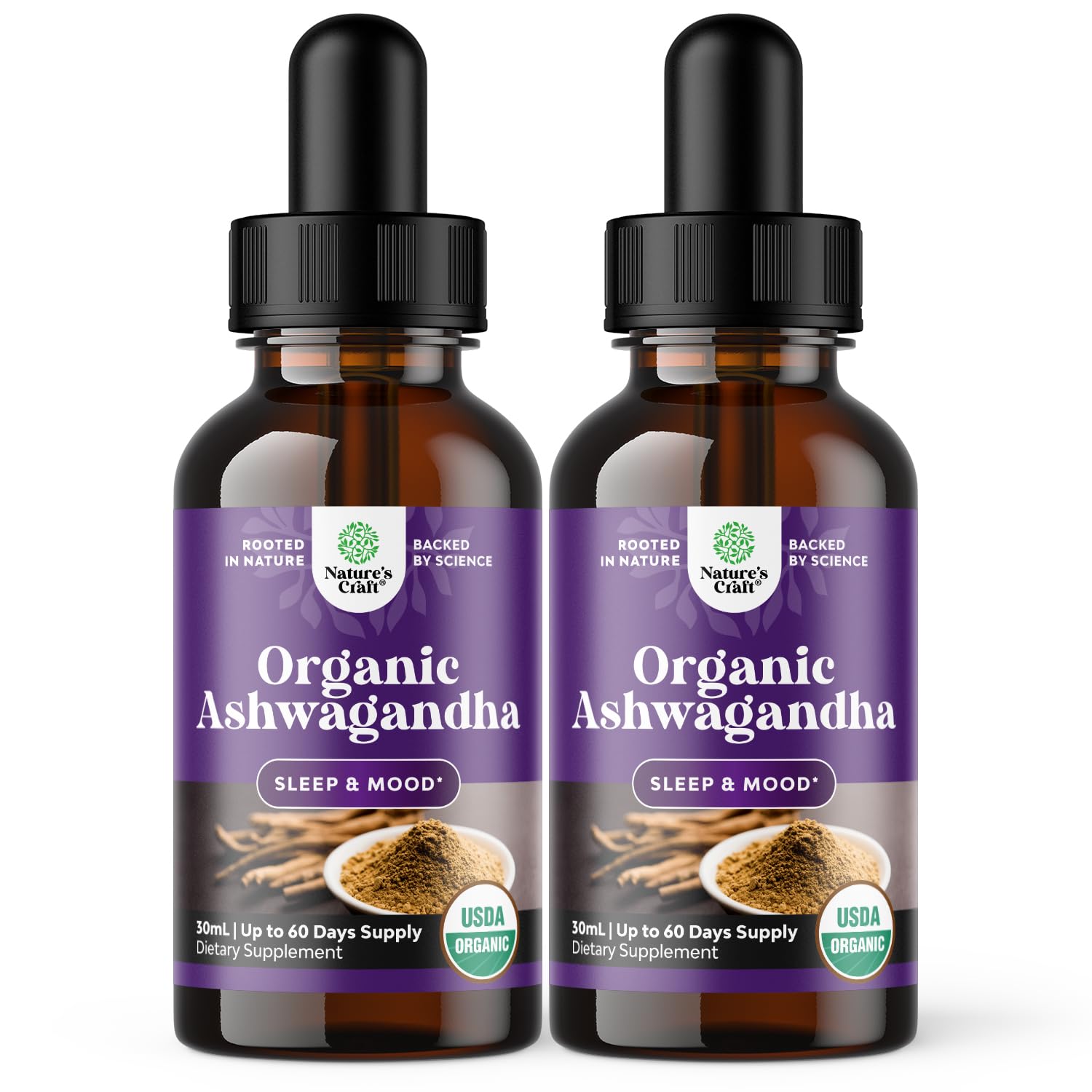 Natures Craft Ashwagandha Liquid Drops bottle with dropper for calm mood support.