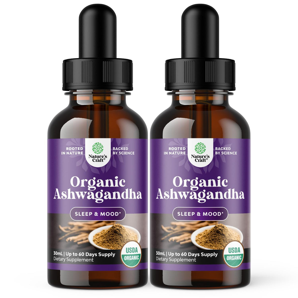 Natures Craft Ashwagandha Liquid Drops bottle with dropper for calm mood support.