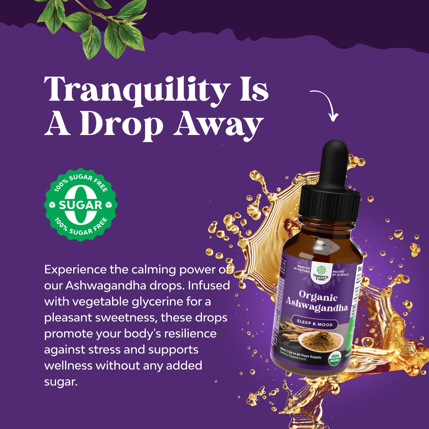 Natures Craft Ashwagandha Liquid Drops pour showing rich root extract.