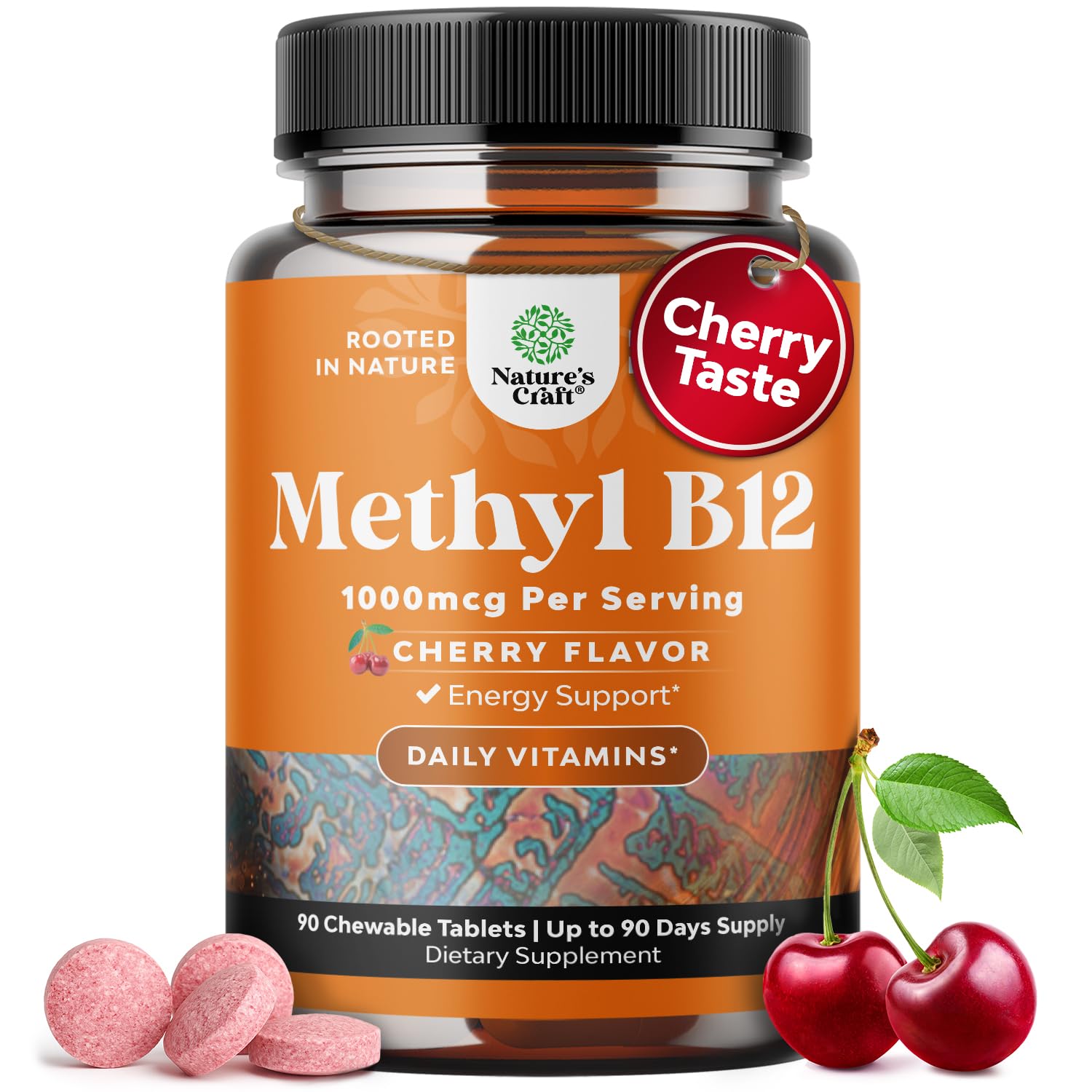 Natures Craft B12 masticable en botella con sabor cereza para energía diaria