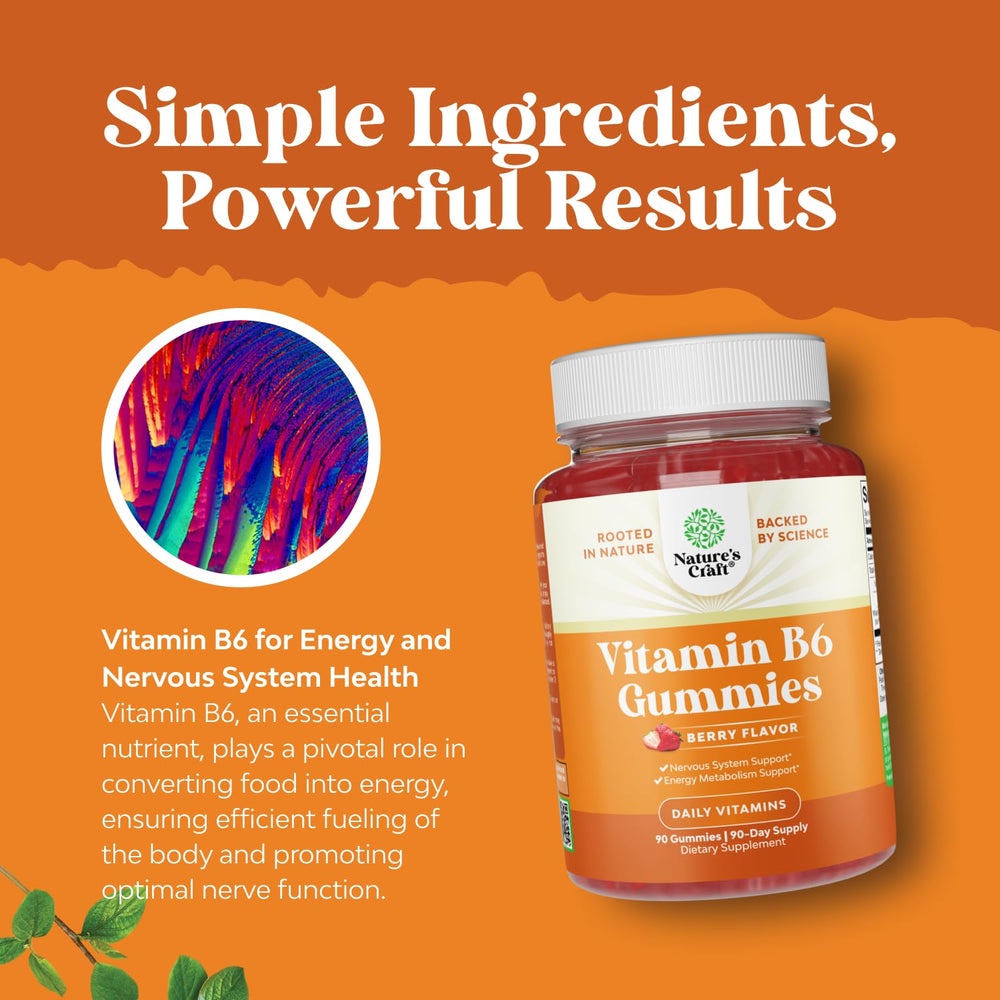Natures Craft B6 gummies non-GMO gluten-free label highlights clean formula.