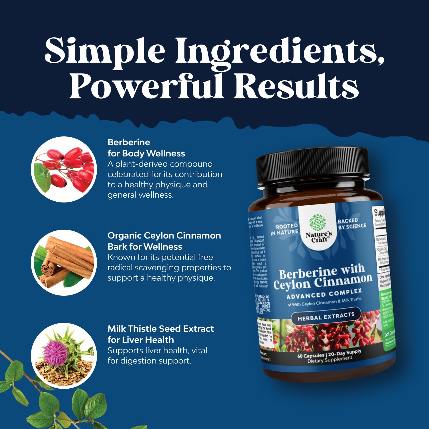 Natures Craft Balancing Berberine ingredients milk thistle emphasize herbal antioxidant components.