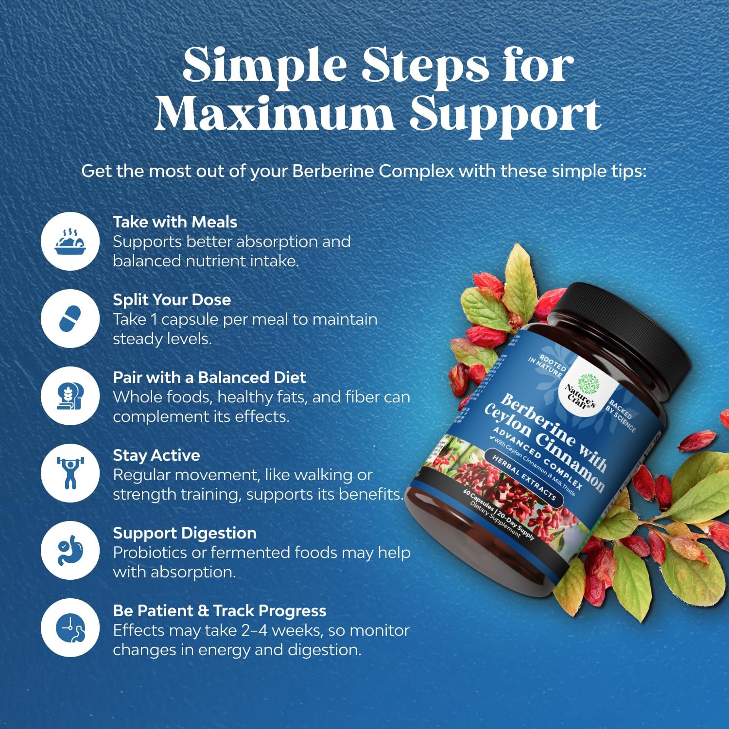 Natures Craft Balancing Berberine label detail highlights 1200 mg per serving and key ingredients.