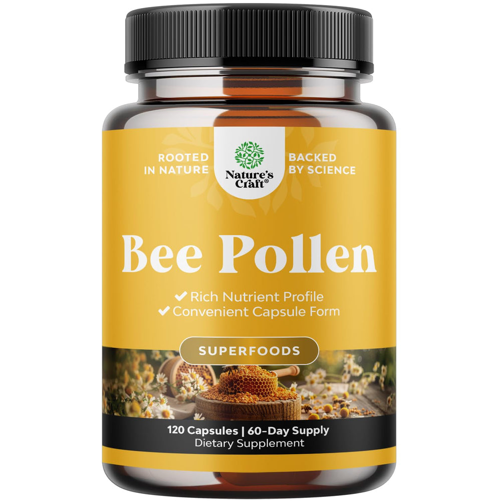 Natures Craft Bee Pollen 120 ct bottle showing 1000 mg serving for daily energy