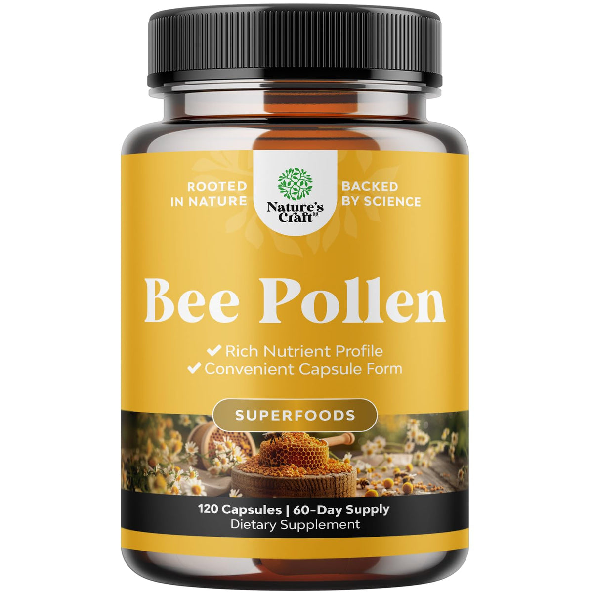 Natures Craft Bee Pollen 120 ct bottle showing 1000 mg serving for daily energy