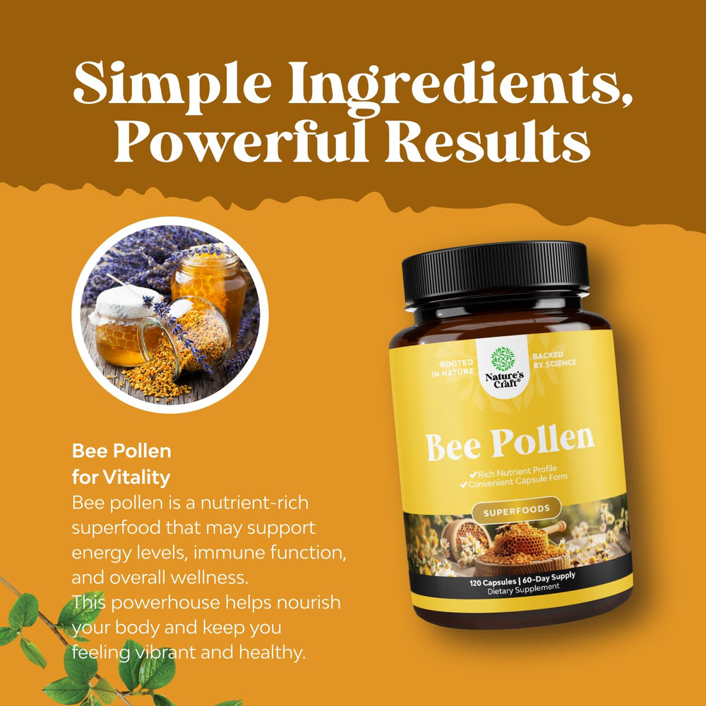 Natures Craft Bee Pollen ingredient panel shows amino acids digestive enzymes