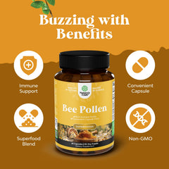 Natures Craft bee pollen powder grains, natural texture suggesting nutrient-rich superfood.