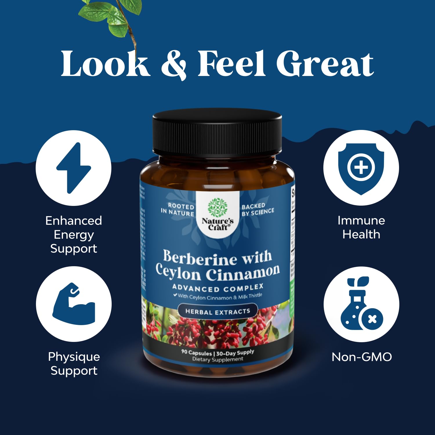 Natures Craft Berberine Milk Thistle Capsules, emphasizing antioxidant-rich herbal complex.