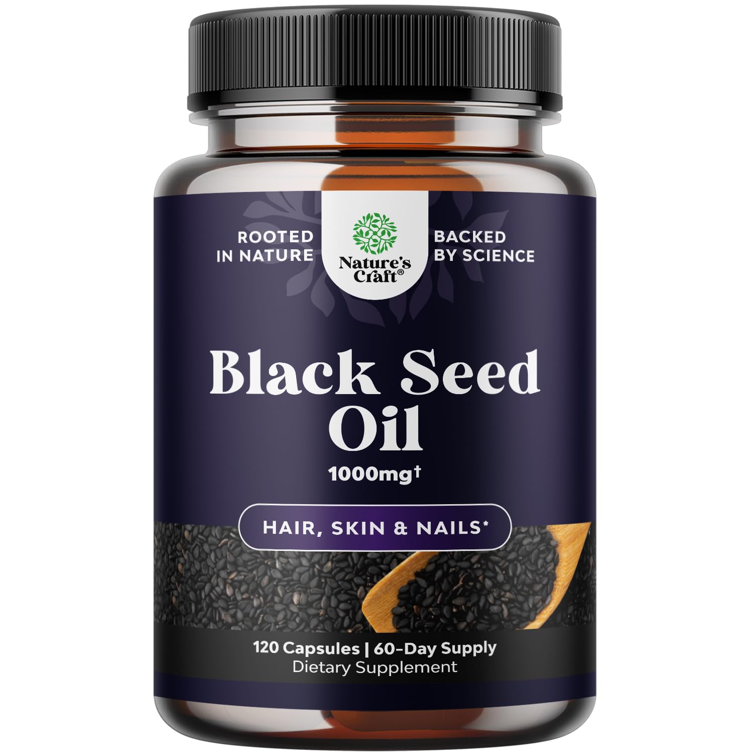 Natures Craft Black Seed Oil Capsules bottle front view highlighting vegan, omega-rich formula