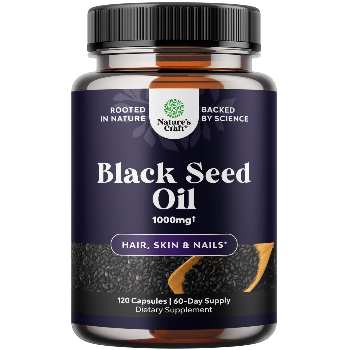 Natures Craft Black Seed Oil Capsules bottle front view highlighting vegan, omega-rich formula