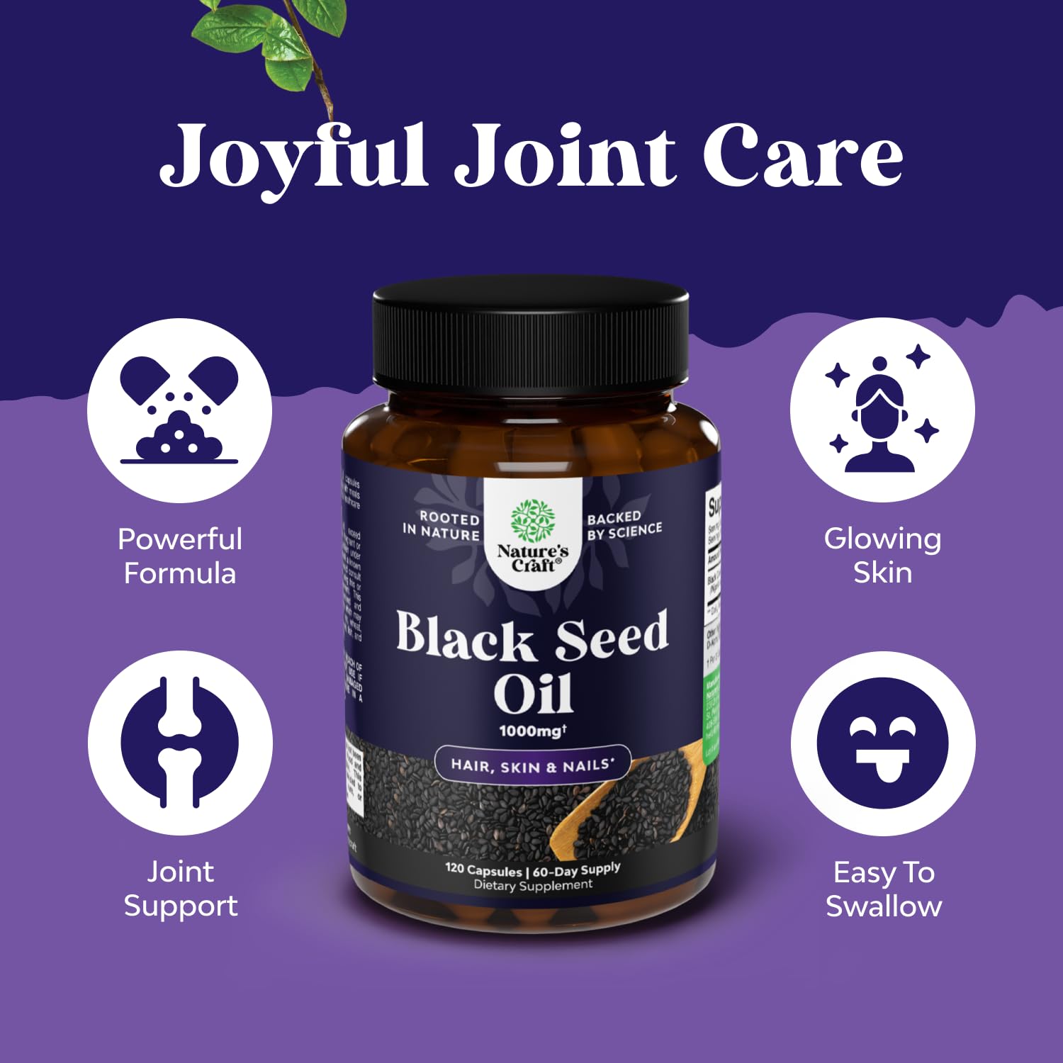 Natures Craft Black Seed Oil Capsules ingredients panel featuring thymoquinone-rich Nigella sativa extract