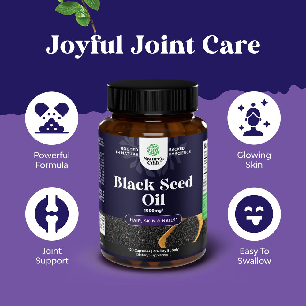 Natures Craft Black Seed Oil Capsules ingredients panel featuring thymoquinone-rich Nigella sativa extract