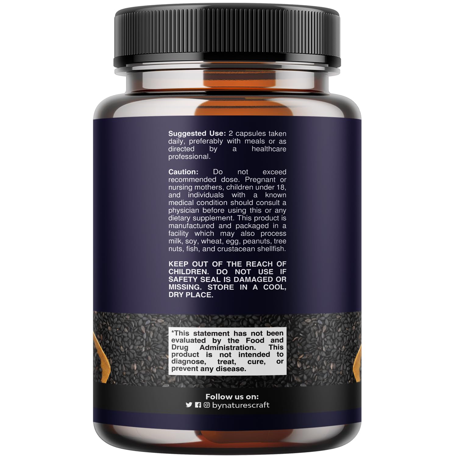 Natures Craft Black Seed Oil Capsules label detail showing halal certification and quality