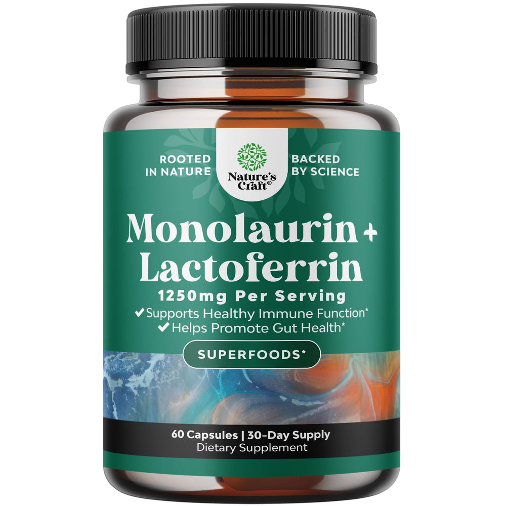 Natures Craft bottle front view showing high strength lactoferrin and monolaurin for gut support