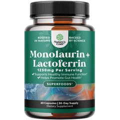 Natures Craft bottle front view showing high strength lactoferrin and monolaurin for gut support