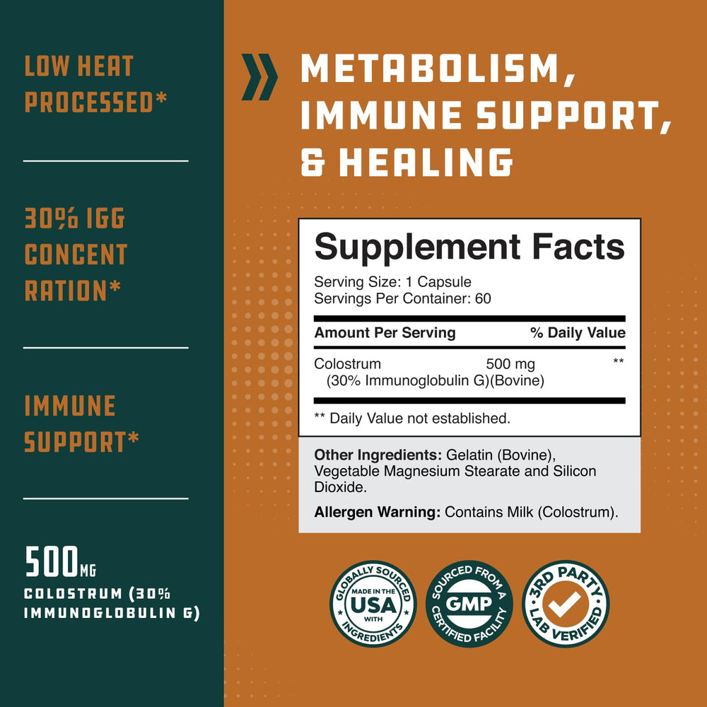 Natures Craft Bovine Colostrum capsules supporting immune defenses with lactoferrin.