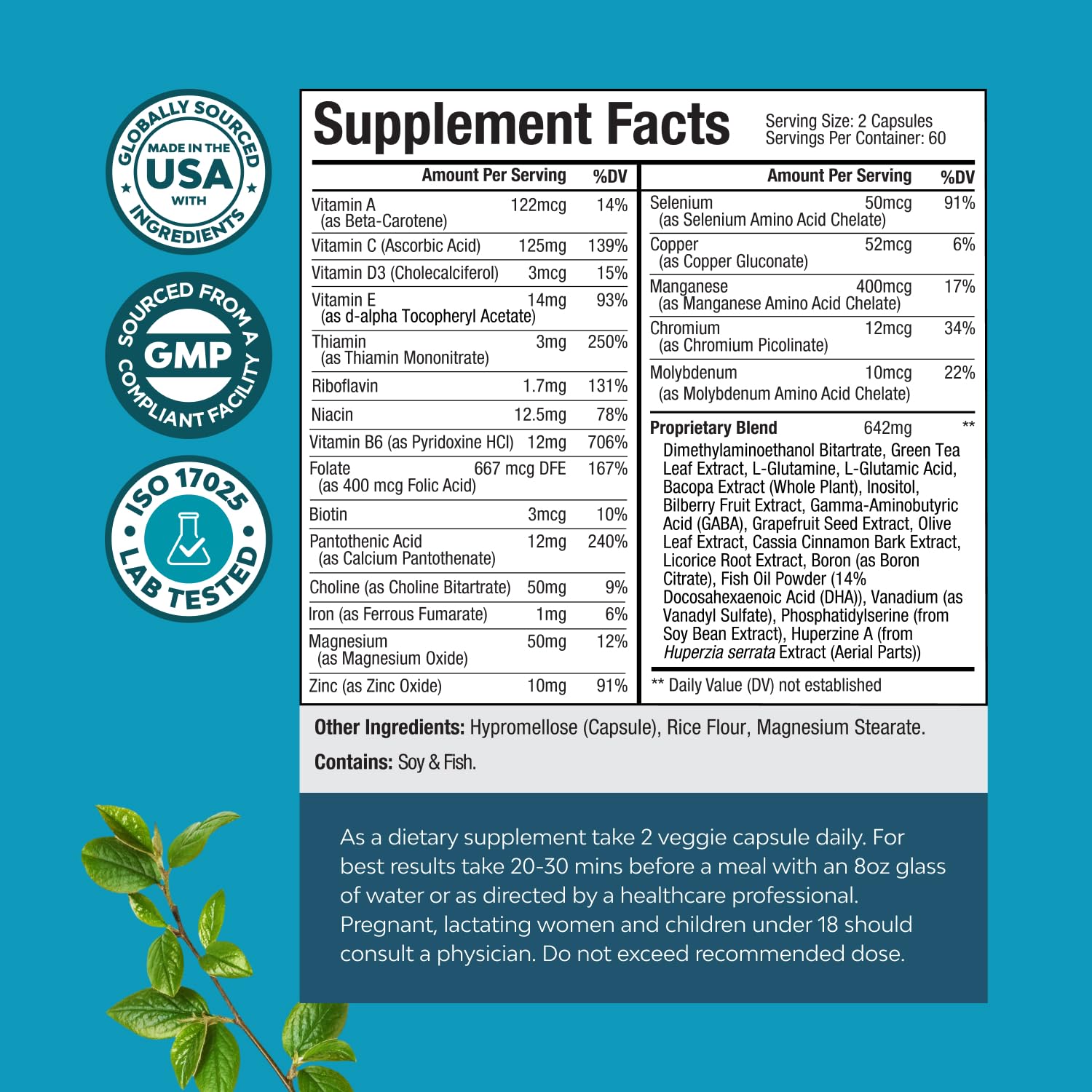 Natures Craft brain health vitamins label close-up highlights cognition nutrients.