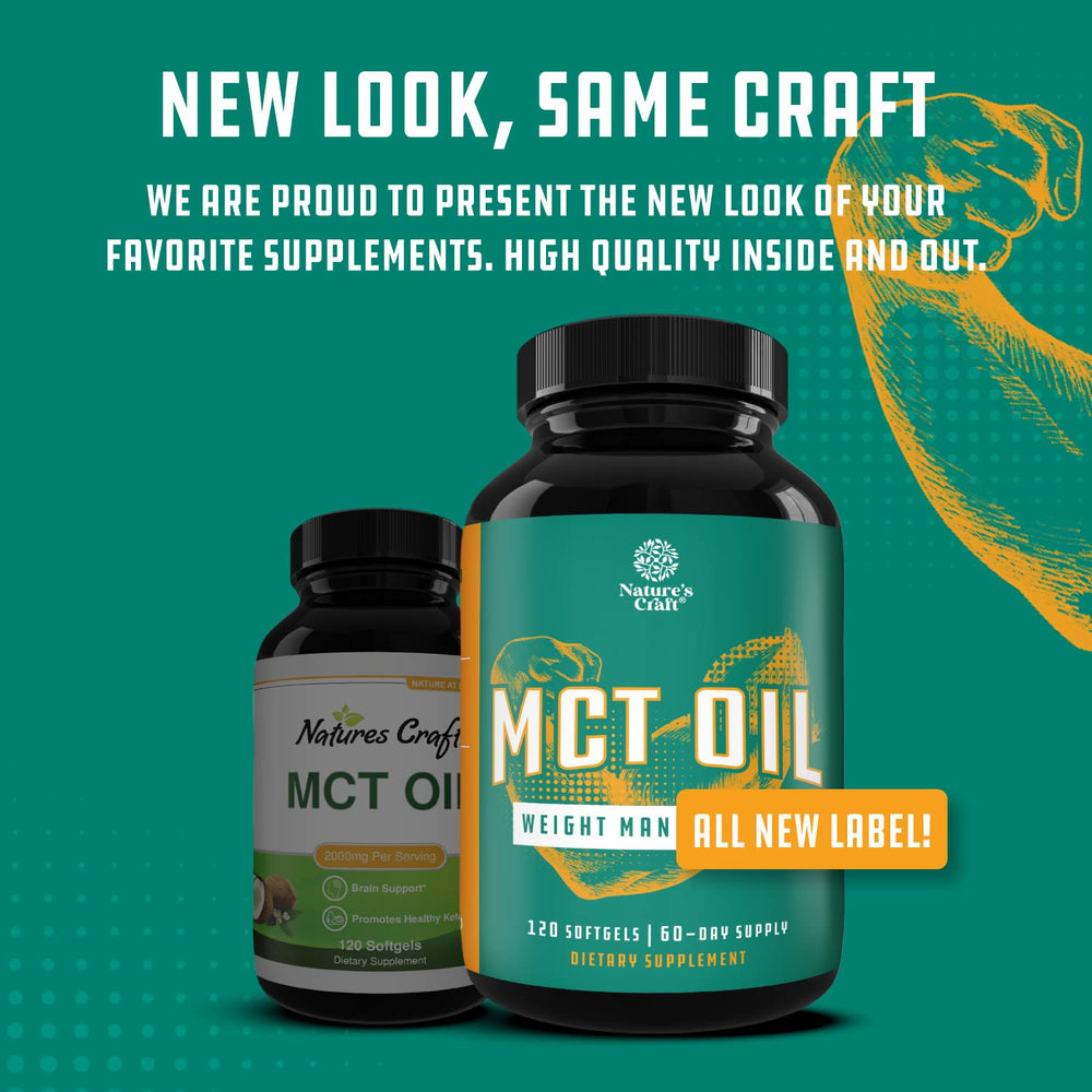 Product packaging of Natures Craft C8 MCT softgels on a table ready to use.