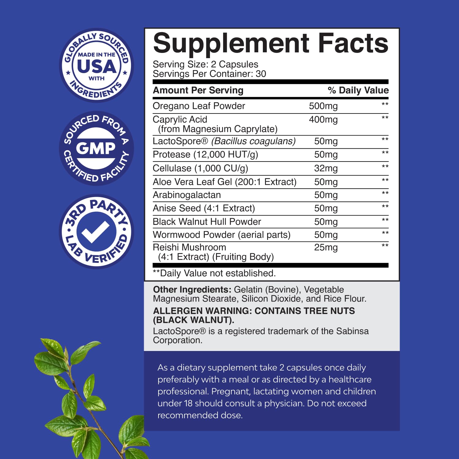 Natures Craft Candi-Clear capsules close-up highlighting caprylic acid and herbal blend.