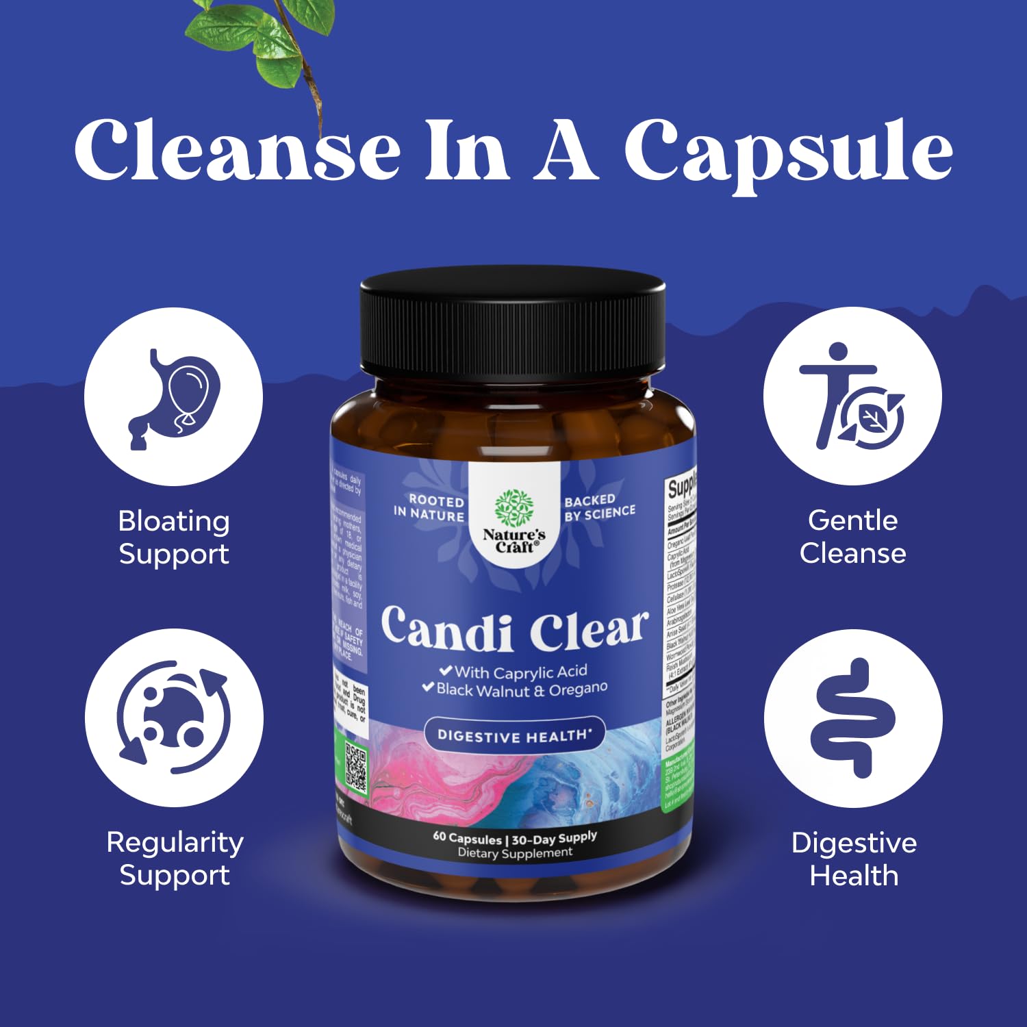 Natures Craft Candi-Clear full-ingredient panel emphasizing probiotics and prebiotics.