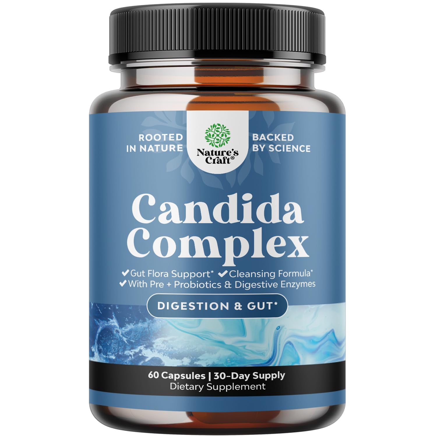 Natures Craft Candida Cleanse bottle front for holistic gut support and detox potential.