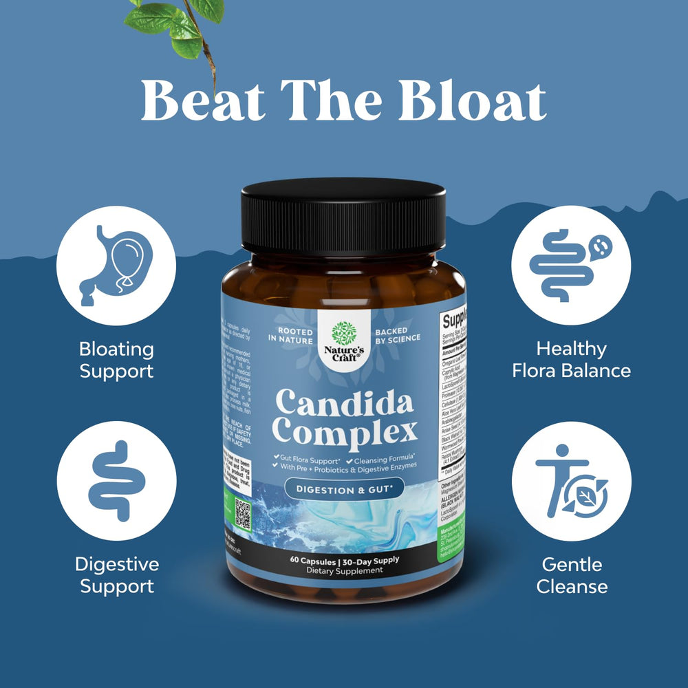 Natures Craft Candida Cleanse ingredients display highlighting caprylic acid, oregano, and black walnut benefits.