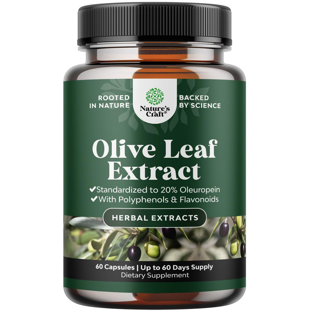 Natures Craft cápsulas de hoja de olivo con oleuropeína 20% en bote, antioxidante conveniente.