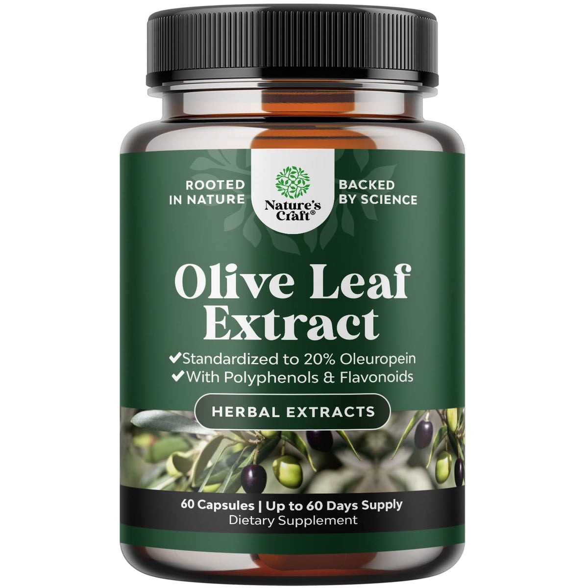 Natures Craft cápsulas de hoja de olivo con oleuropeína 20% en bote, antioxidante conveniente.