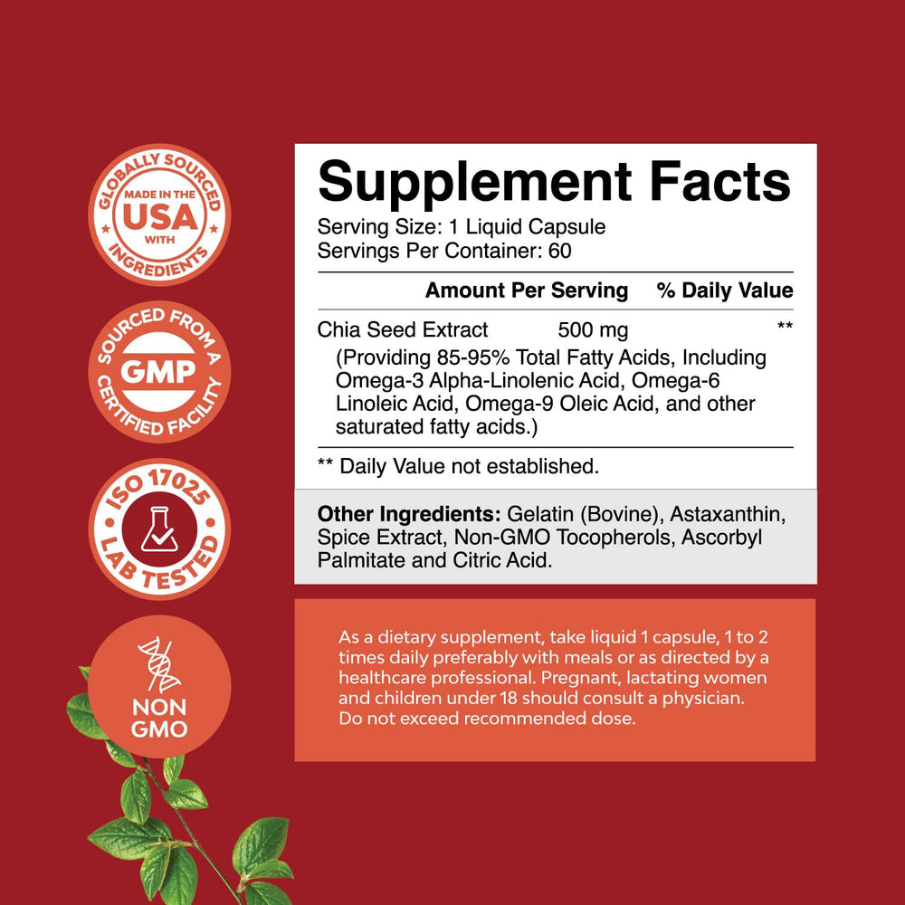 Natures Craft chia seed oil label closeup showing quality ingredients