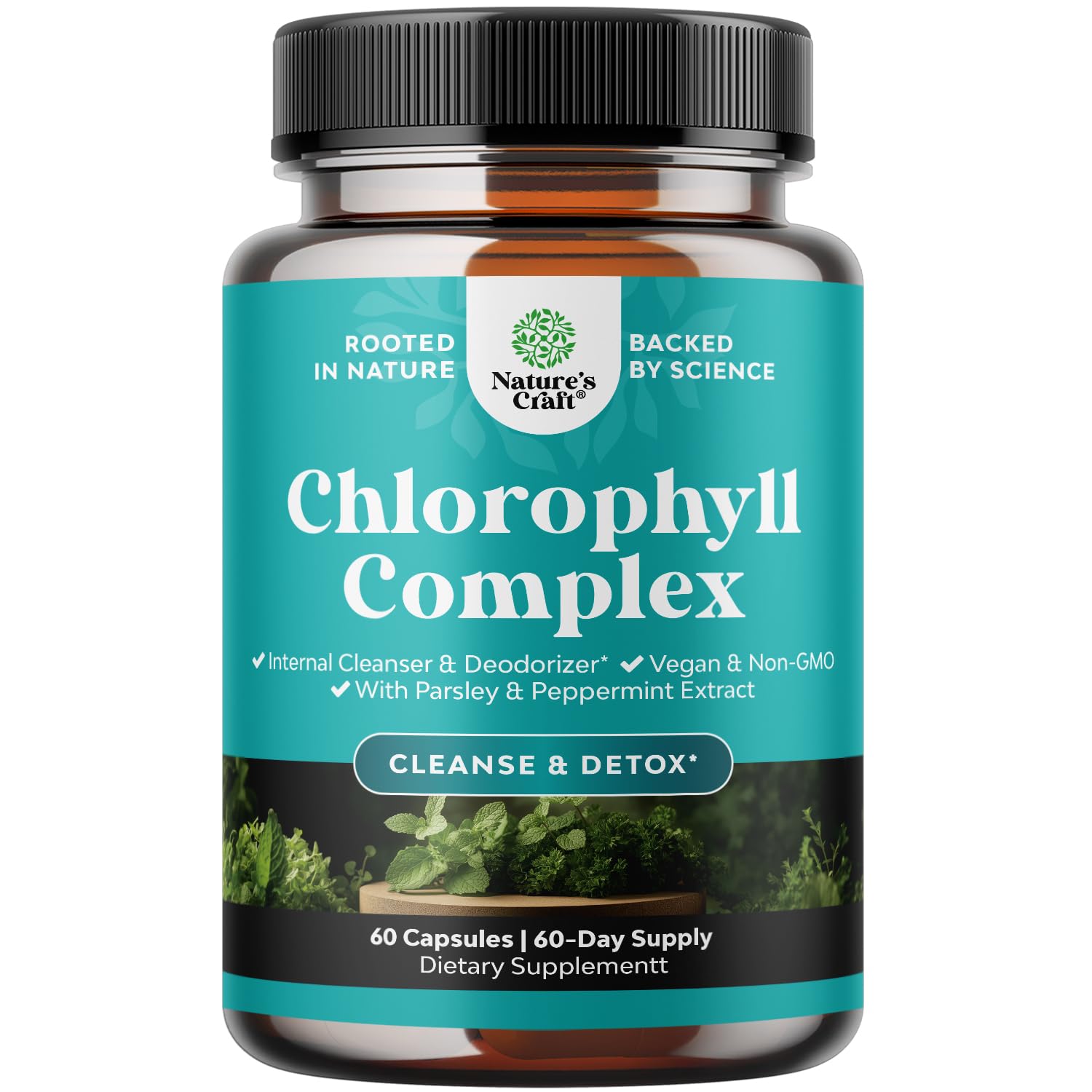Natures Craft chlorophyll capsules bottle, front view, internal deodorant support.