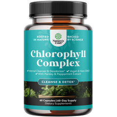 Natures Craft chlorophyll capsules bottle, front view, internal deodorant support.