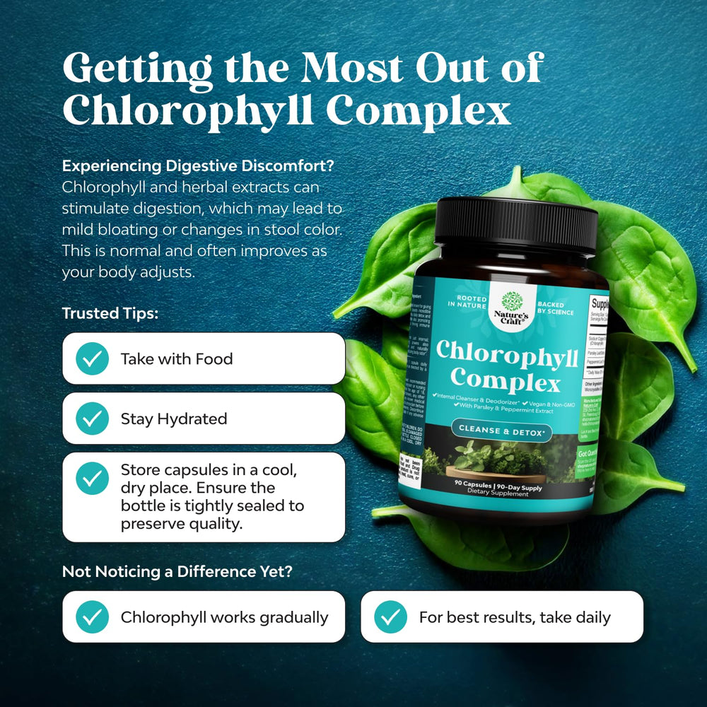 Natures Craft chlorophyll capsules mint leaf, offering refreshing flavor and digestive comfort.