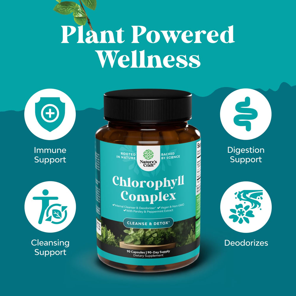Natures Craft chlorophyll capsules parsley leaf, highlighting herbal freshness and digestive ease.