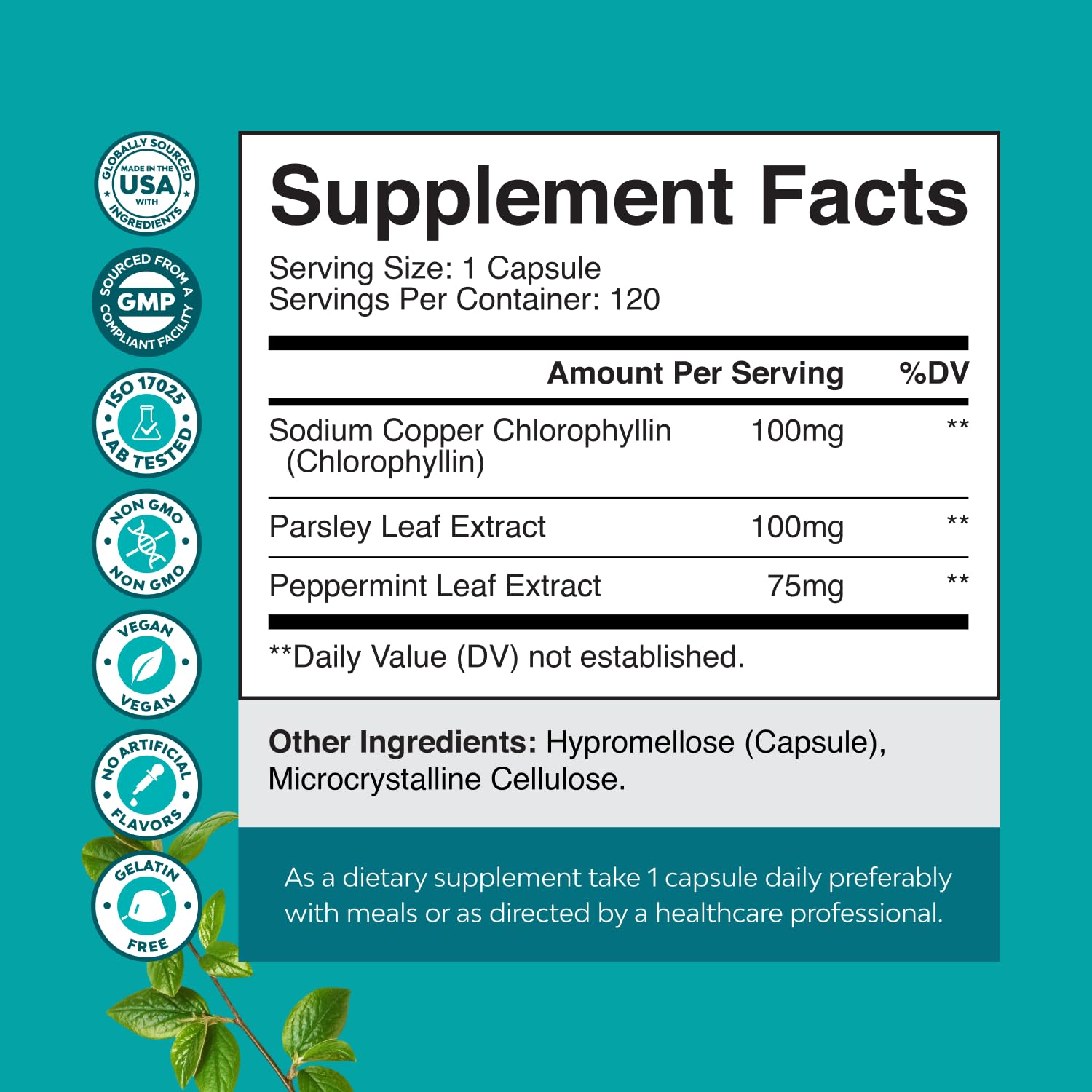 Natures Craft Chlorophyll Capsules pour captured, suggesting easy intake and internal deodorizing potential.