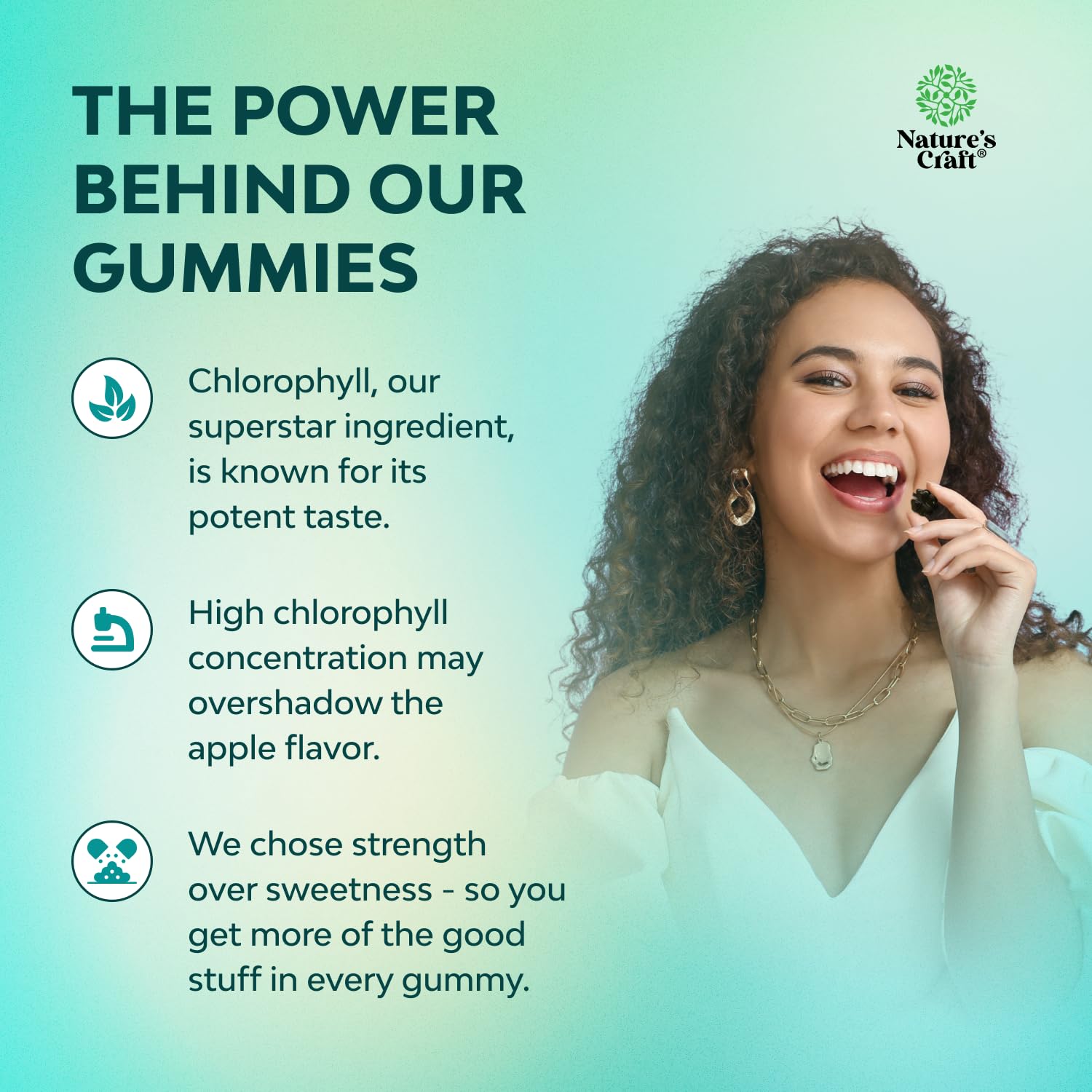 Natures Craft Chlorophyll Gummies showcases skin clarity imagery and freshness