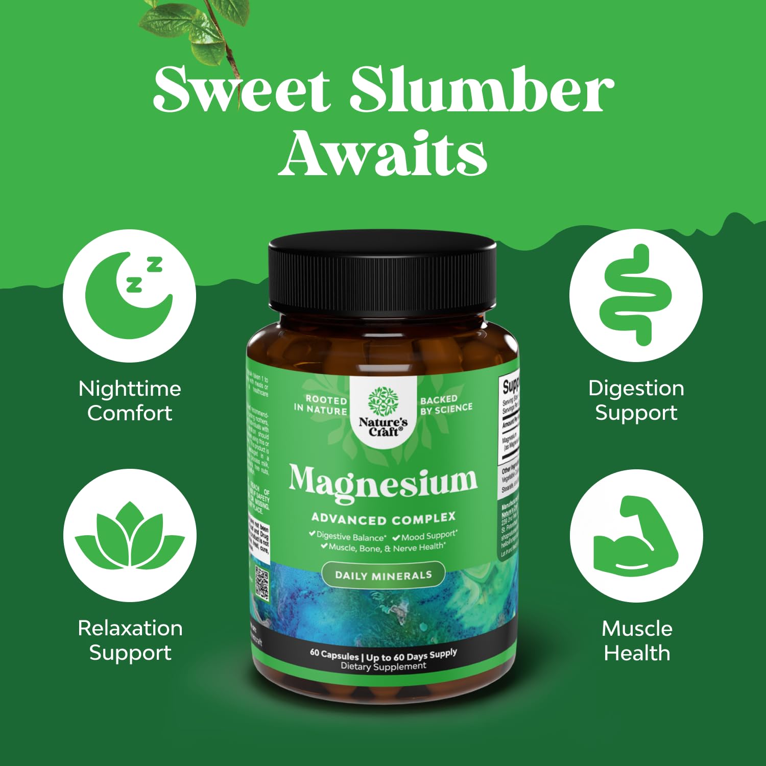 Natures Craft citrate 500mg capsule focusing on sleep and mood benefits.