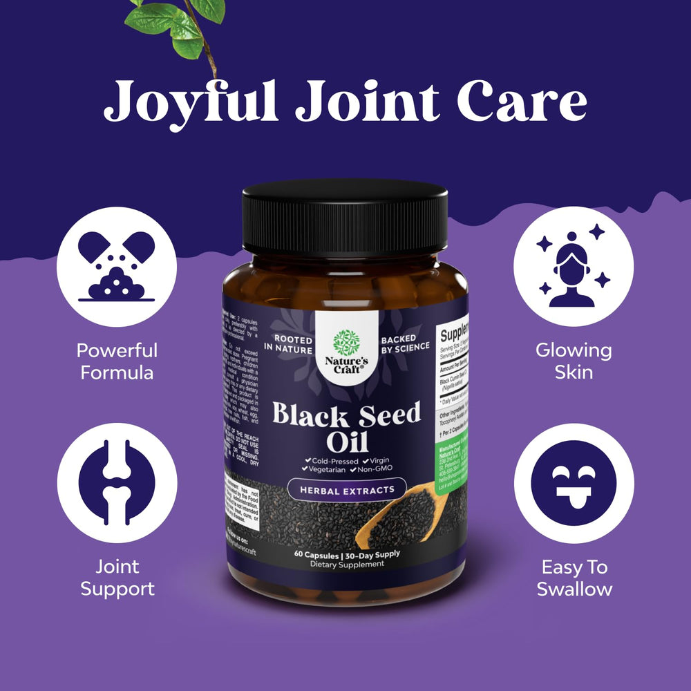 Natures Craft cold-pressed black seed oil capsules in premium packaging close-up