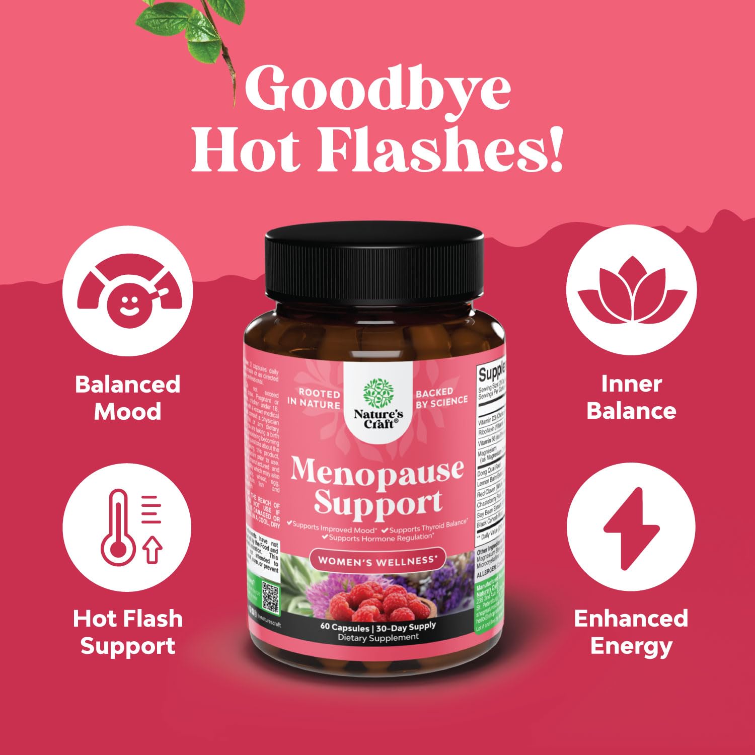Nature's Craft Complete Herbal Menopause capsules ready for daily routine with water.