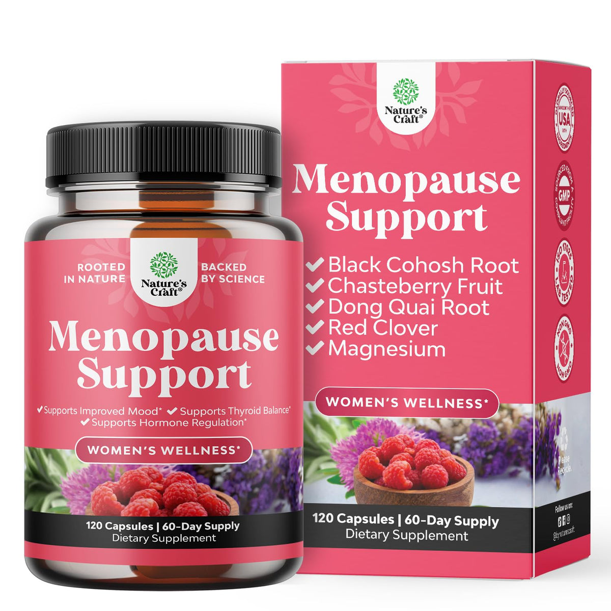 Natures Craft complete herbal menopause supplement bottle supports hormonal balance daily.